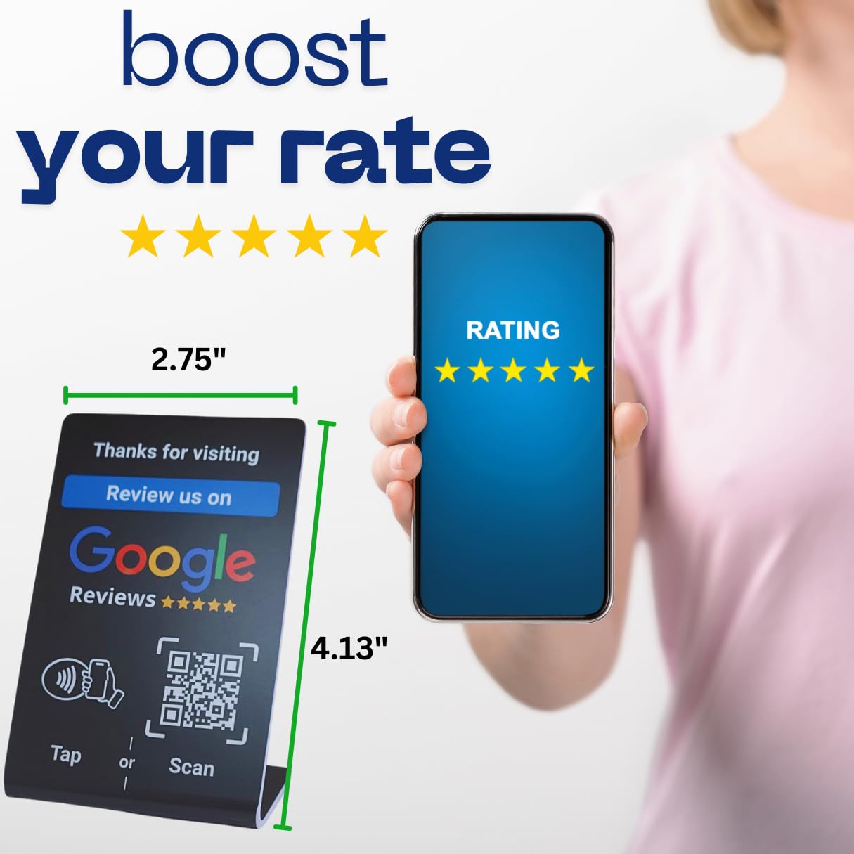 NFC Tap Google Review Stand - Boost Customer Feedback with Tap & Scan QR - No App, No Subscription - Works on iPhone & Android (Black, 1 Pack - 4.13"x2.75")