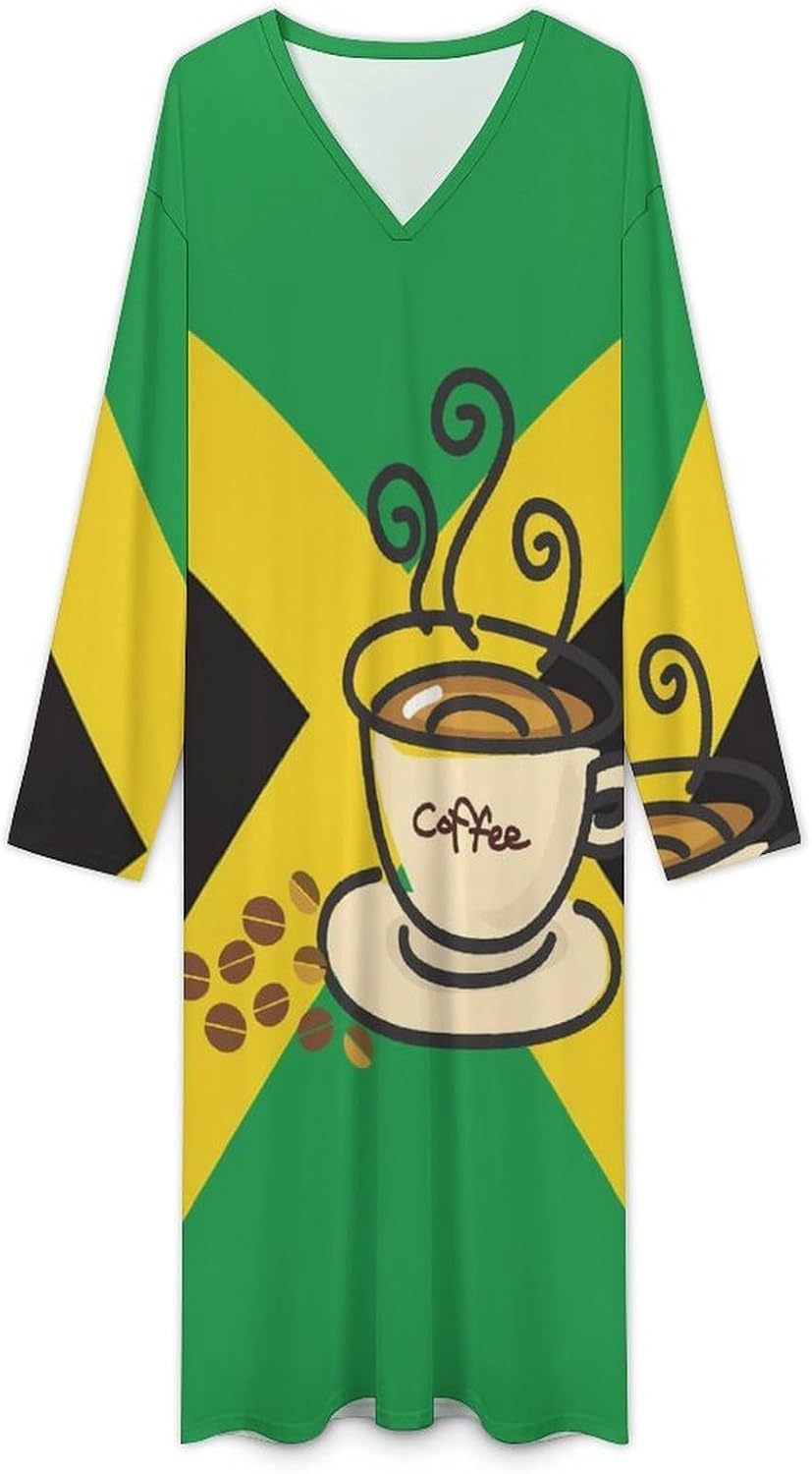Jamaica Flag Jamaican Coffee Cup Men's Kaftan Thobe V-Neck Robe Long Sleeve Gown Thobe for Home Outings