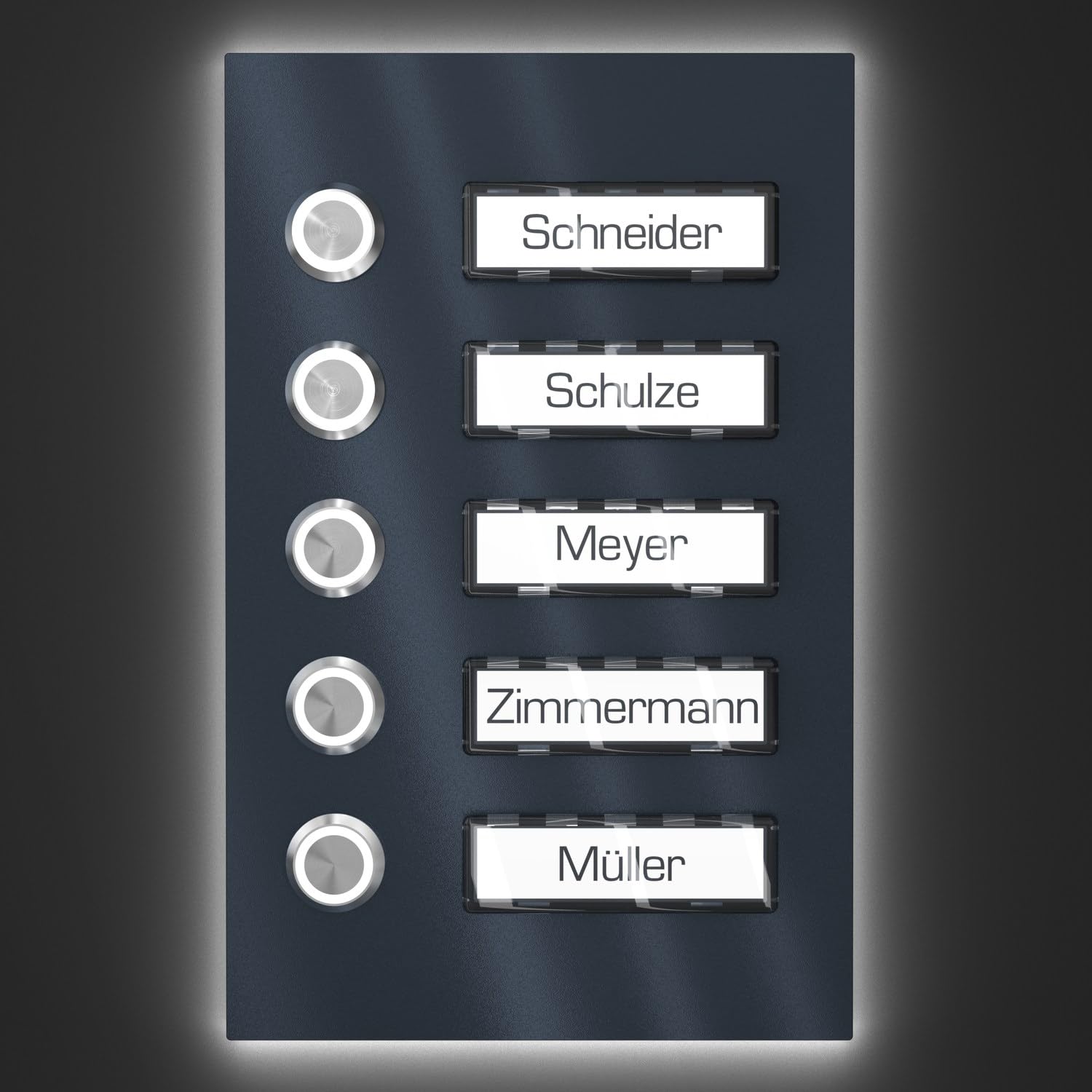 Timbre multifamiliar de superficie con pulsador LED 5 placas de nombre - V2A de acero inoxidable 140x220 mm Pintura en polvo RAL 7016 - Iluminación de nombre seleccionable