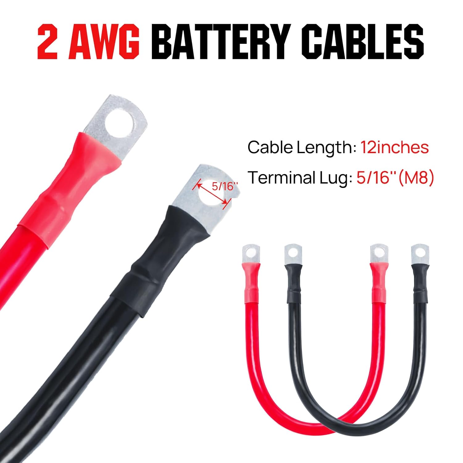 ECO-WORTHY 2AWG Battery Cable with 5/16'' Lug Terminals 12inch Cables Set Tinned Copper Battery Inverter Cable for Car, Truck, RV, Solar 12 INCH-2AWG-5/16’‘