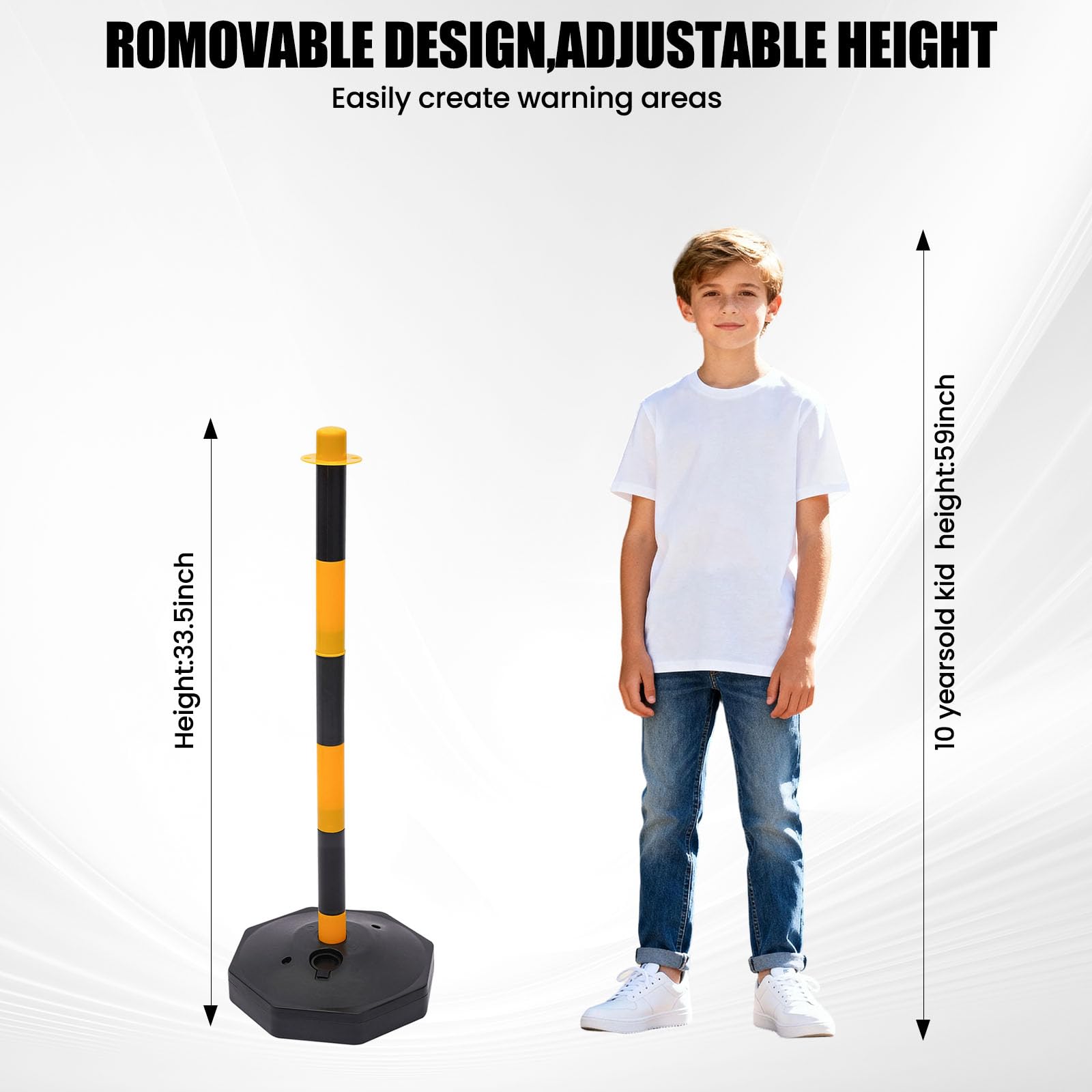 6 pali di intercettazione in plastica con 5 catene di intercettazione da 6,5 m, pali di bloccaggio con base, per controllo del traffico, allarme giallo e nero