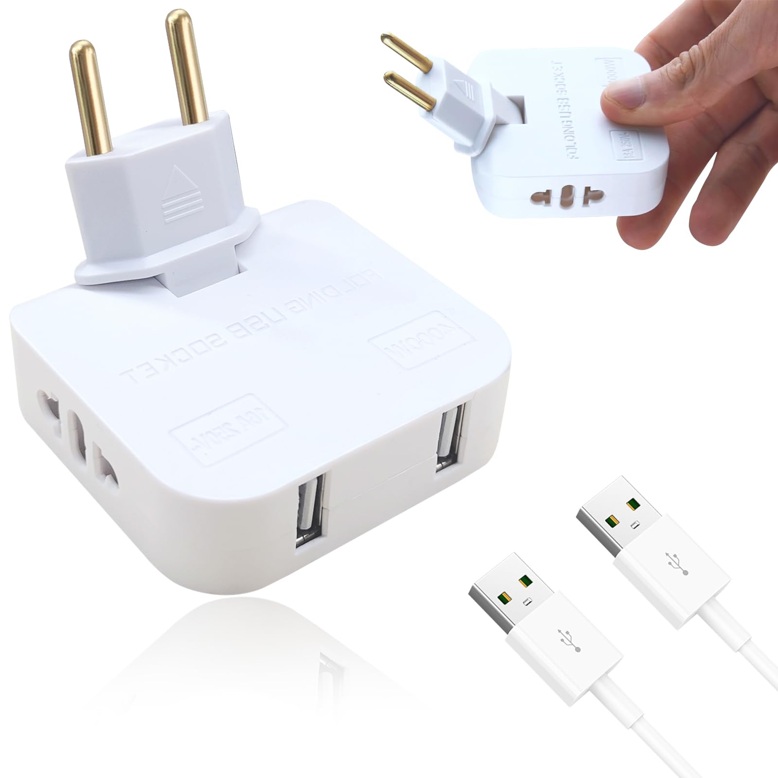 Presa Salvaspazio 4-in-1 Con Rotazione 180° – 2 USB E 2 Prese EU/USA, Adattatore Da Viaggio Ultra Piatto 2500W (Bianco)
