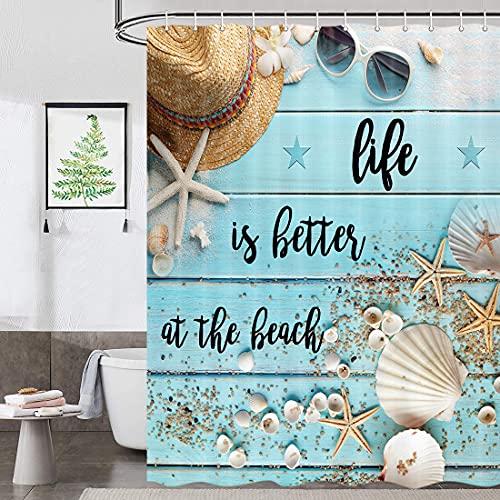 Jawo Rustic Wood Shower Curtain, Life Is Better At The Beach On Blue Teal Wooden Seashell Starfish Coastal Shower Curtain Set, Country Farmhouse Polyester Fabric Bathroom Curtain, 69X70Inches #TOP2