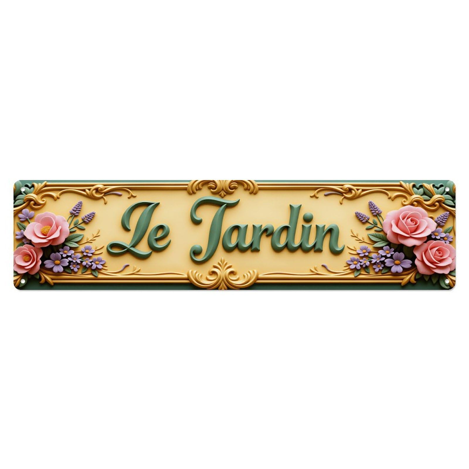 French Gilded Relief Rose Le Jardin Garden Long Plaque Vintage Aluminium Metal Sign, Retro Wall Decor for Home, Bar, Garage & Farmhouse 10 * 40cm