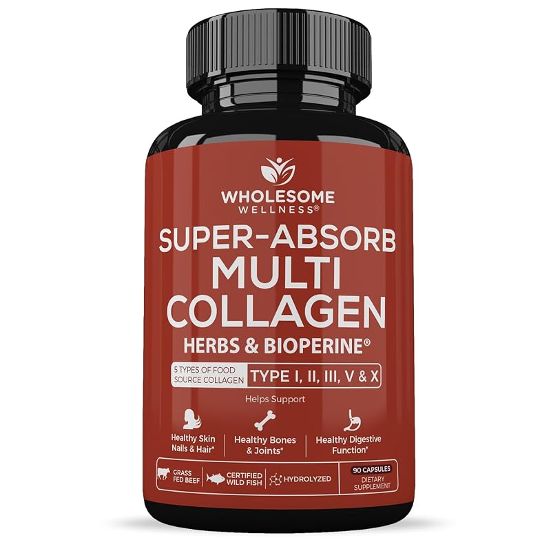Wholesome Wellness Suplemento de Colágeno Hidrolisado Tipos I, II, III, V e X - 90 cápsulas