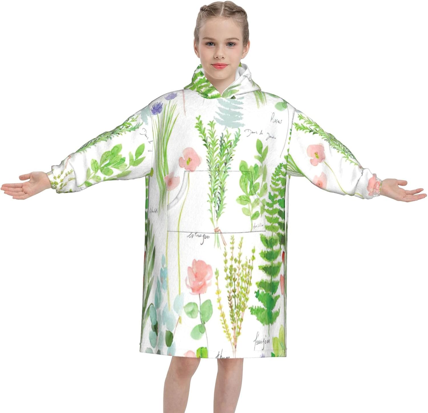 Springtime Herb Garden Print Oversized Blanket Hoodie, Wearable Blanket Hooded,Hooded Pullover With Pocket