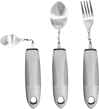Adaptive Utensils for Elderly, Hand Tremors, Parkinsons & Handicapped | 3 Pack | Non-Slip Easy Grip Handles Right Handed Curved Spoon and Fork Set | Lightweight | Stainless Steel | Eat Independently