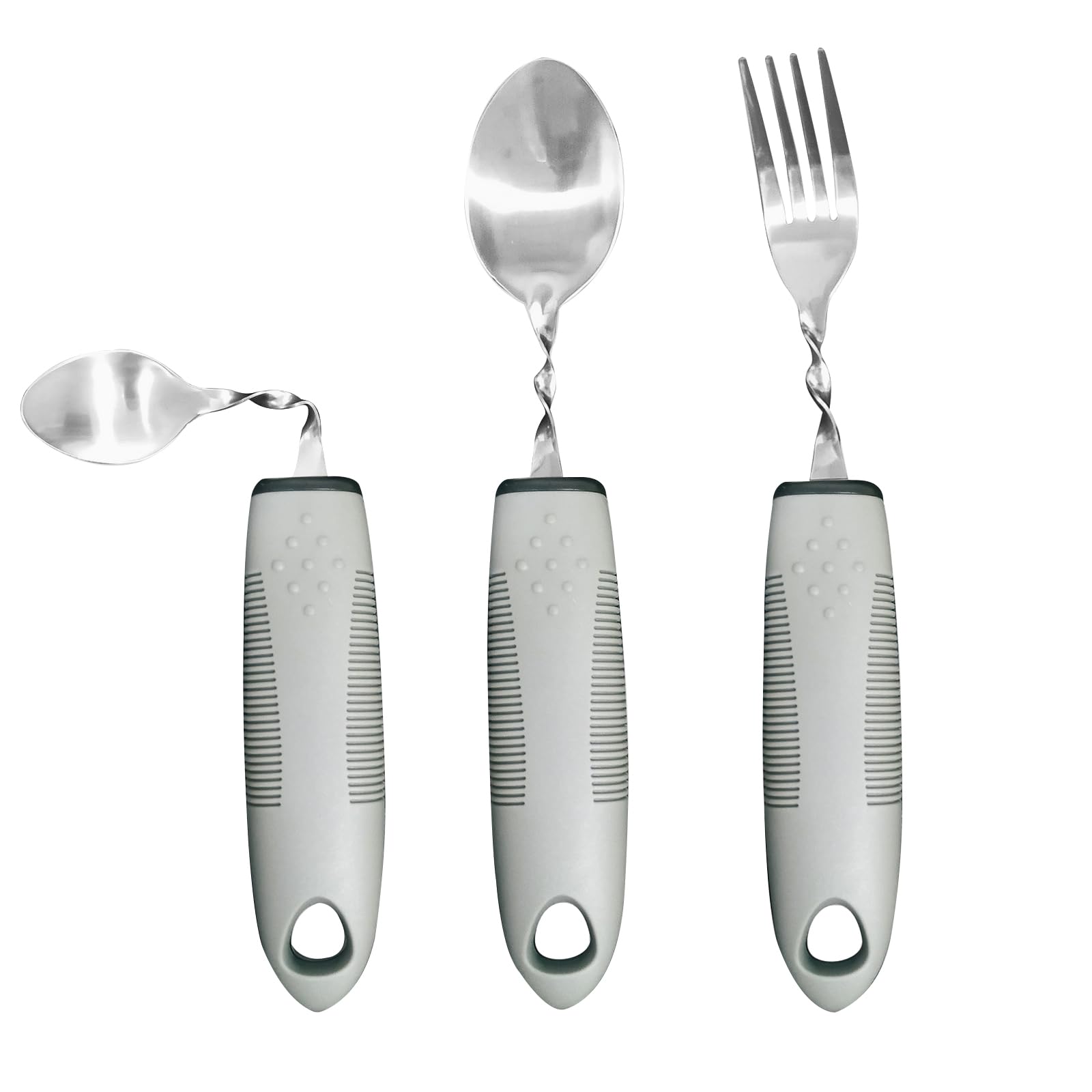Adaptive Utensils for Elderly, Hand Tremors, Parkinsons & Handicapped | 3 Pack | Non-Slip Easy Grip Handles Right Handed Curved Spoon and Fork Set | Lightweight | Stainless Steel | Eat Independently