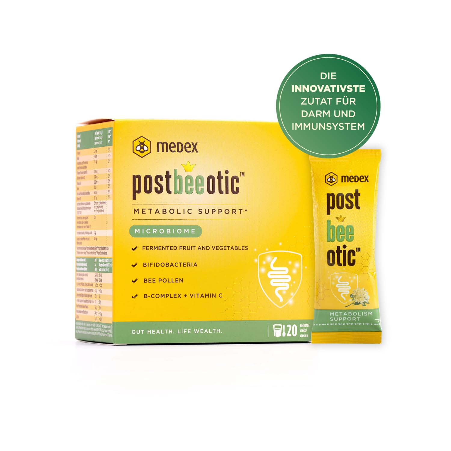 Medex Postbeeotic – Probiotika und Postbiotik mit inaktivierten Bifidobakterien, fermentierten Früchten & Gemüse, Vitamin C & B-Komplex – für Verdauung, Immunsystem & Darmflora – 20 Sachets