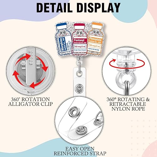 Miniatura 4 de Carrete retráctil para narcóticos con clip de cocodrilo, divertido portatarjetas de medicina de dibujos animados con purpurina plateada, regalo para