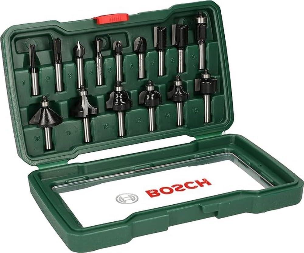 Bosch 060326A100 Frezarka Górnowrzecionowa, 1200 W, 230 V, Zielony/Czarny & Bosch Professional 2607019469 Zestaw Frezów, Srebrny/Czarny, 15 Elementów