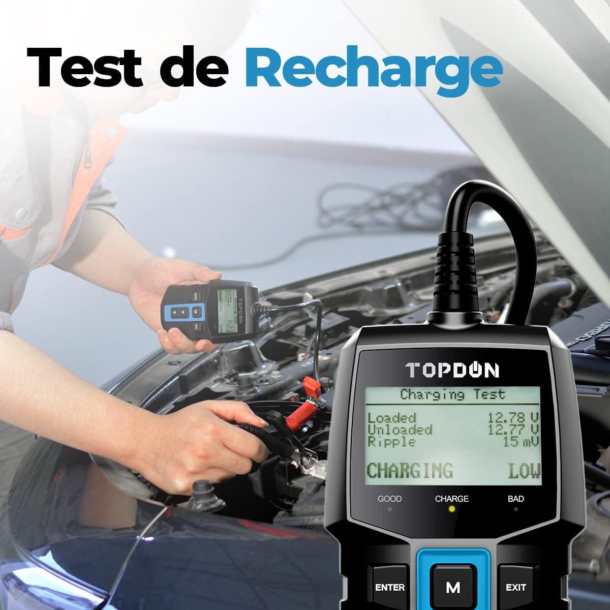 TOPDON Testeur de Batterie BT100, 12V Testeur batterie voiture100-2000 CCA Essai de charge de démarrage avec batterie pour Voitures Motos VTT VUS Yachts