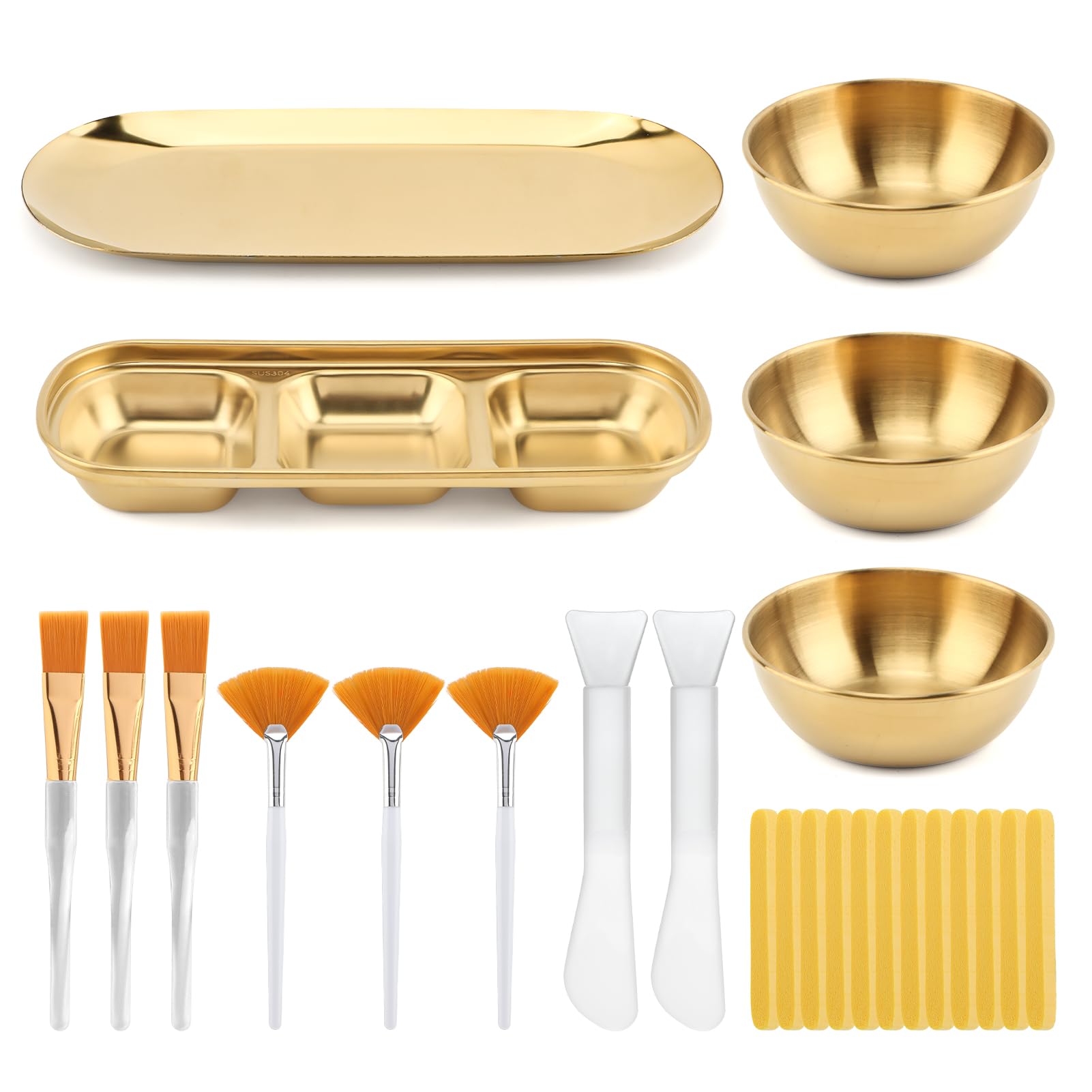 25pcs esthetician supplies for facials, 3 gold mixing bowls, 3 compartment serving tray, 3-facial fan brushes, 3-face mask applicator brush, 12 compressed sponge, for women facial mask mixing kit