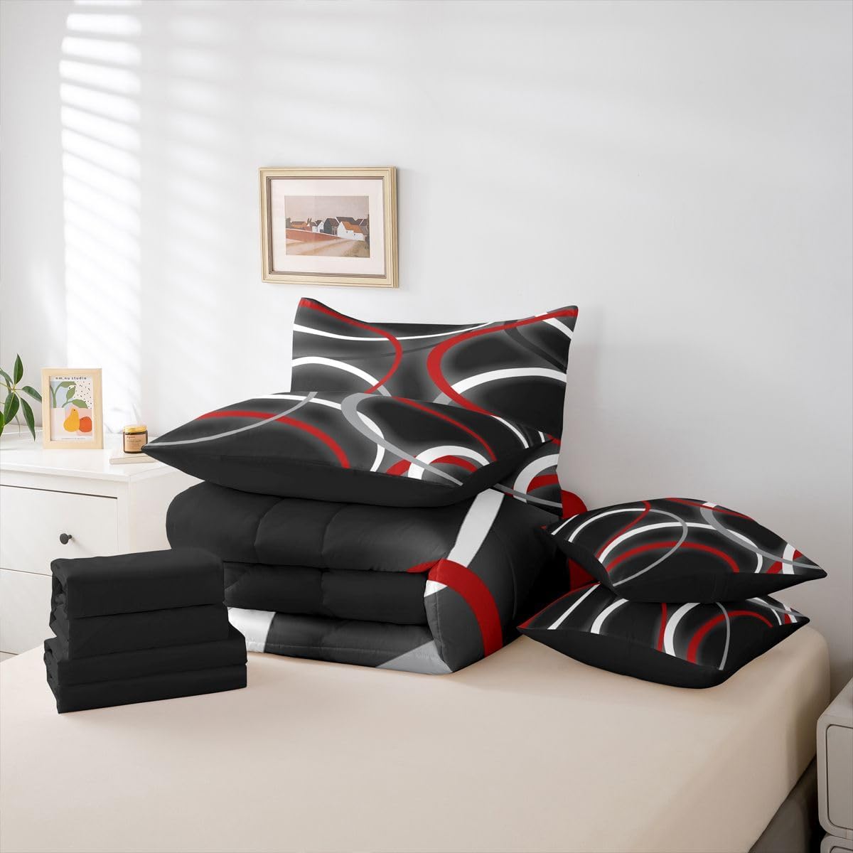 Erosebridal Red Circle Geometric Black Grey Comforter Set Queen Size 7 Pieces | Abstract Modern Art Bed in A Bag Aesthetic Swirls Stripes Bed Set Girls Women Kids Adults Bedding