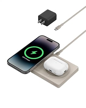 Belkin MagSafe-Compatible 15W 2 in 1 Wireless Charger, Dual Pad | iPhone 16/15/14/13 Series, AirPods compatible, dual device fast charging station, Sand color, Magnetic