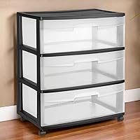 Vista 2 de Carrito de almacenamiento de plástico ancho de 3 cajones, cajones extraíbles transparentes con asas, color negro