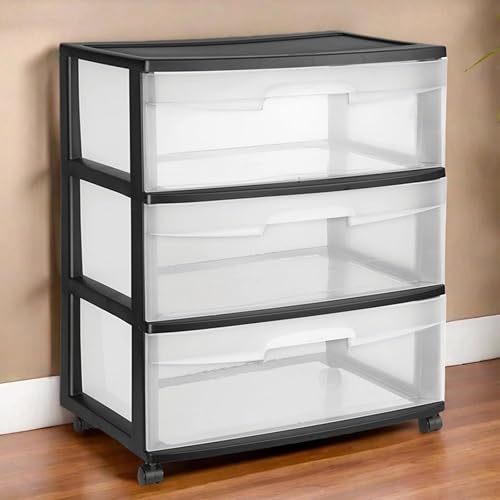 Miniatura 2 de Carrito de almacenamiento de plástico ancho de 3 cajones, cajones extraíbles transparentes con asas, color negro