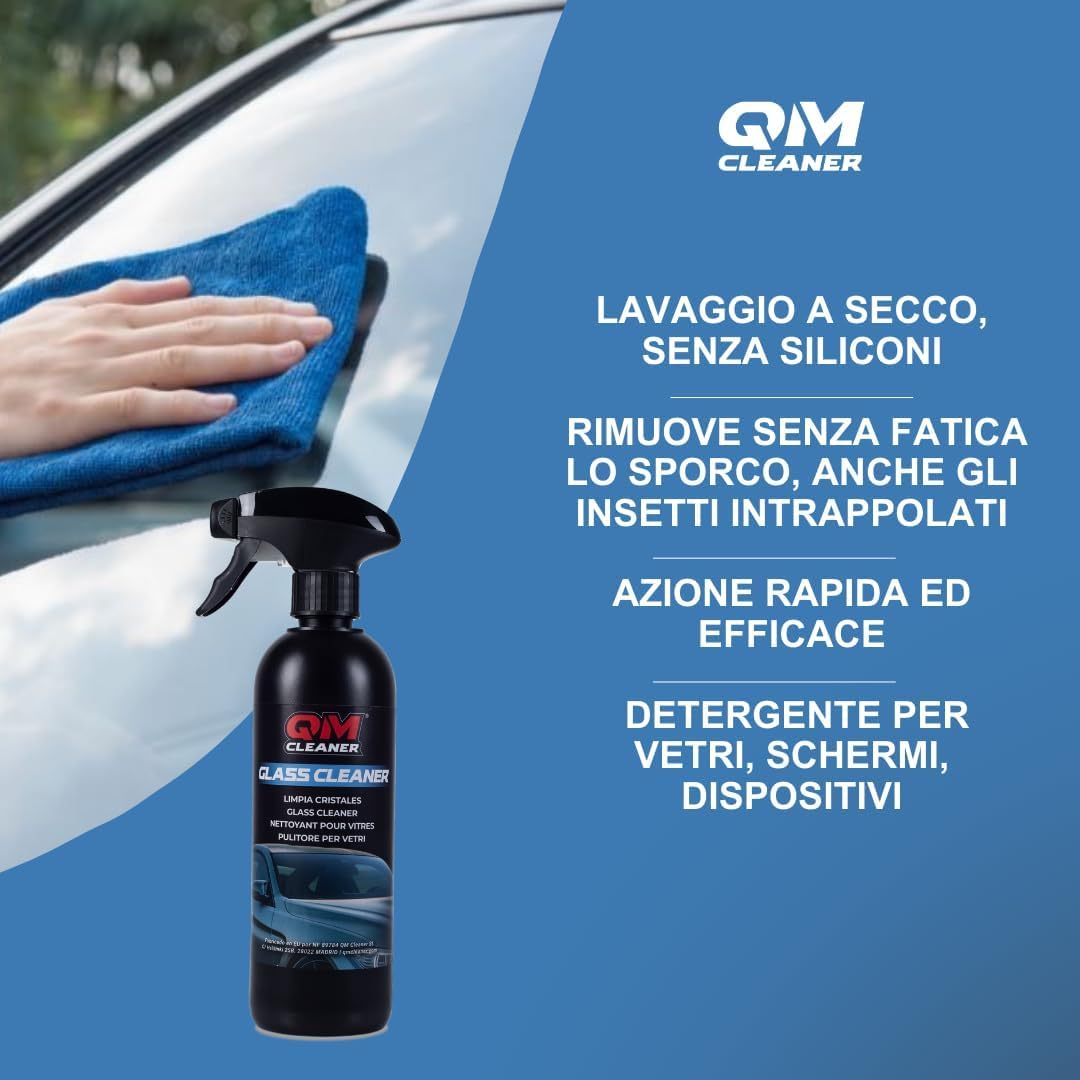 QM Cleaner Kit per la pulizia degli interni del veicolo Pulisce cruscotto, plastica, vetro e schermo per auto Include detergente per cruscotto 500ml, detergente per vetri/schermo 500ml e 2 panni extra