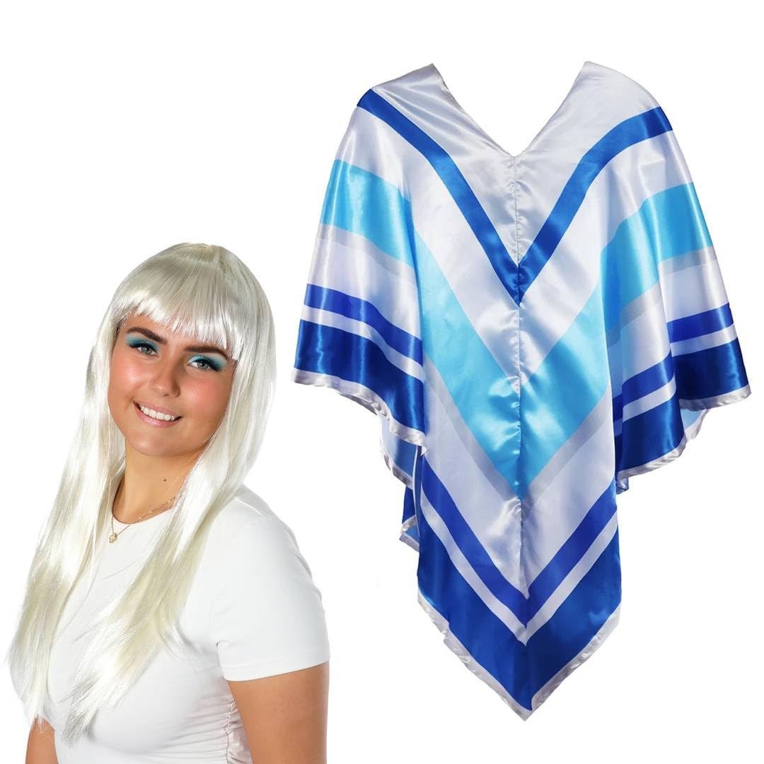 Adults 70s Pop Star Accessory Set - Blue & Silver Striped Poncho and Platinum Blonde Wig - Ladies Womens 1970s Music Icon Fancy Dress Costume Accessory Set