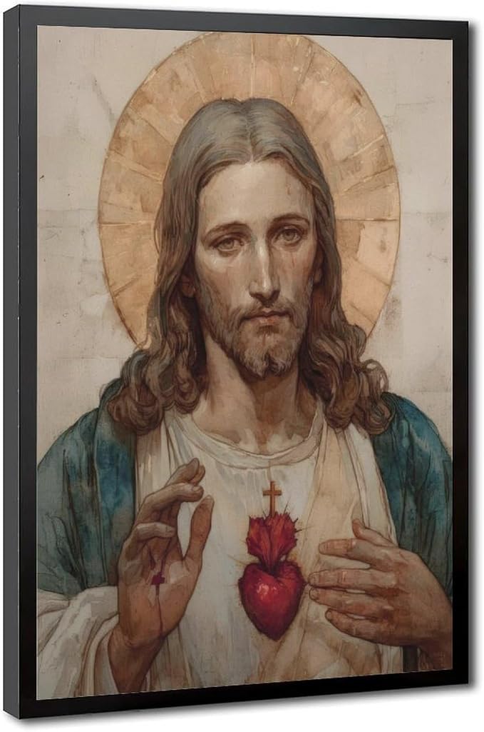 Sacred Heart of Jesus Canvas Wall Art - Stretched Inner Frame, Modern Divine Mercy Portrait (12" x 18")
