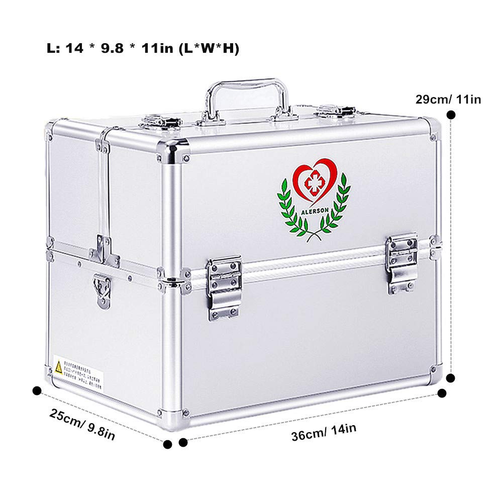 Nurth First Aid Kit Lockable First Aid Box Security Lock Medicine Storage Box with Portable Handle,Medication Lock Box 3 Tier Design/Precription Storage Box Large Space 14 × 9.8 × 11inch (Silver)