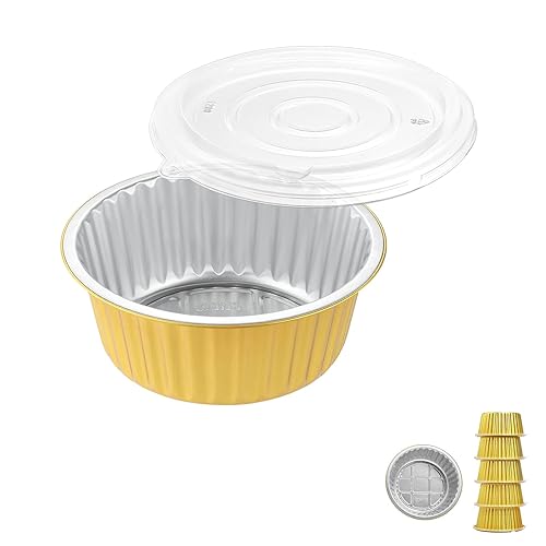 Sartenes de papel de aluminio resistentes de 7 pulgadas con tapas (paquete de 5), 2 recipientes más gruesos y resistentes a la grasa para hornear,