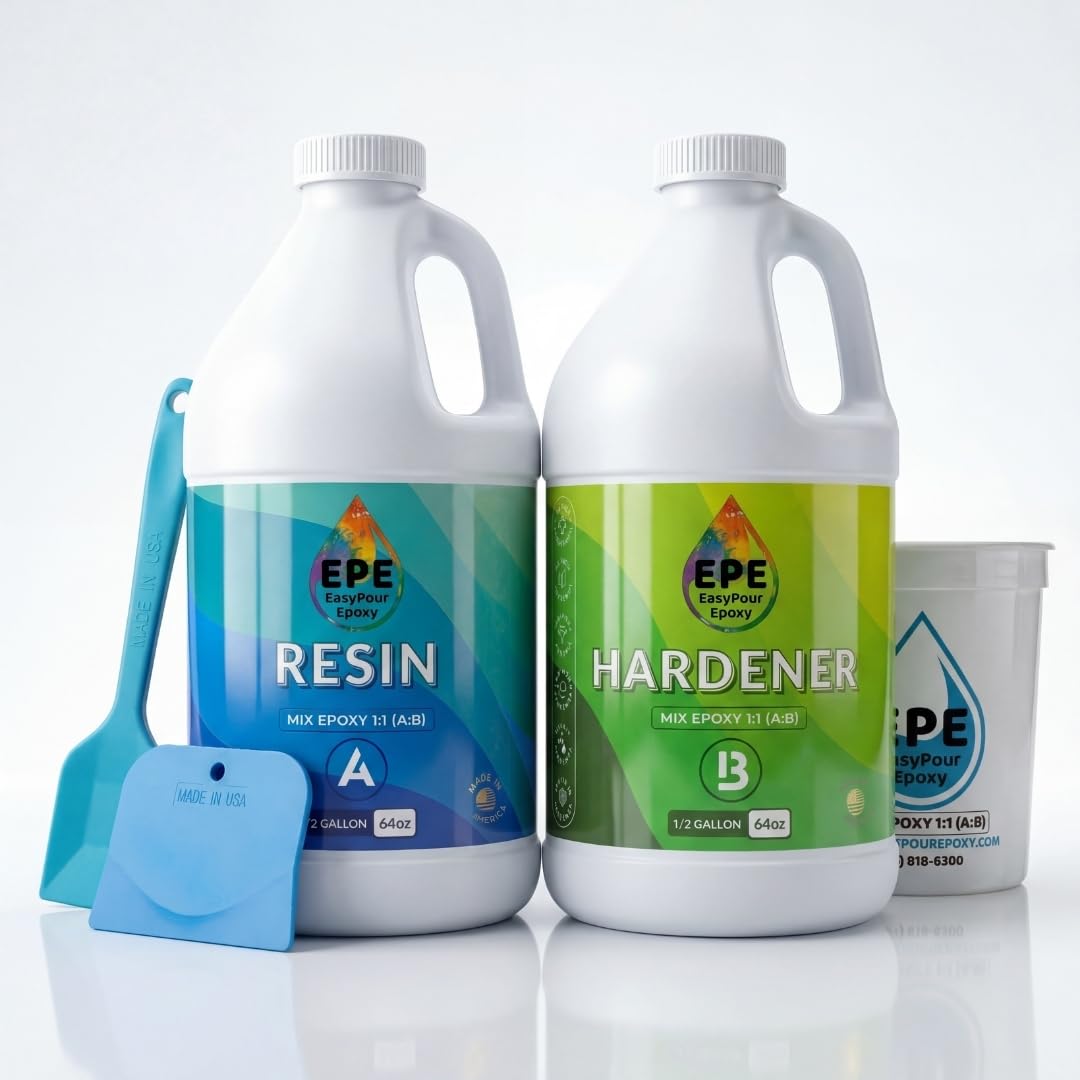 EPE EasyPour Epoxy Resin Kit: 1 Gallon: 1:1 Ratio - High Gloss Crystal Clear Resin & Hardener, 2 Mixing Cups, Silicone Spatula, Plastic Spreader for Wood Tabletops, Countertops, Casting, Art & Crafts