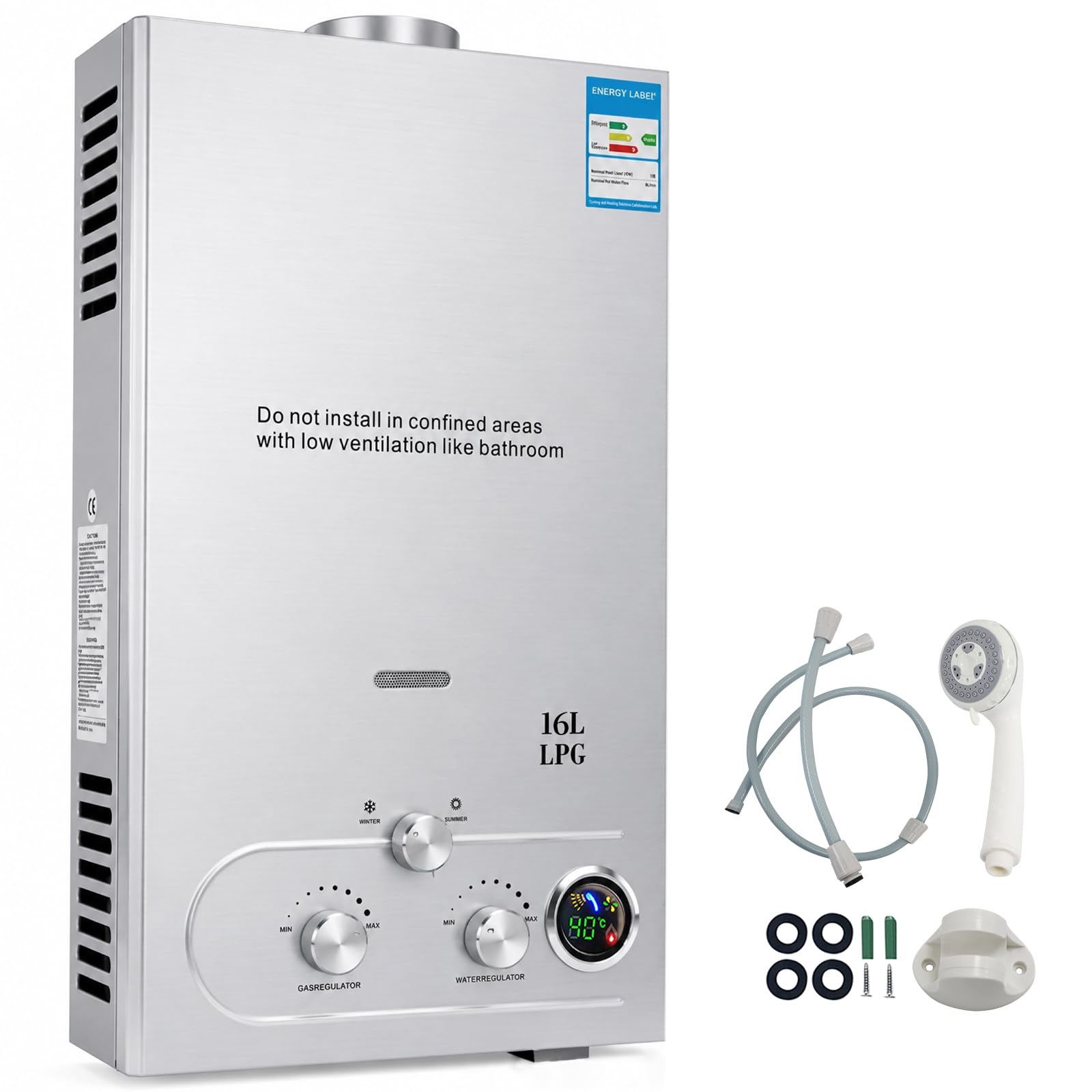 Gas-Wassererhitzer, 16 L/min 32 kW tragbarer wasserloser Durchlauferhitzer, sofortiger Propangas-Wassererhitzer mit digitalem Display und mehrfachem Schutz für Camping- und Wohnmobilreisen (16 L)