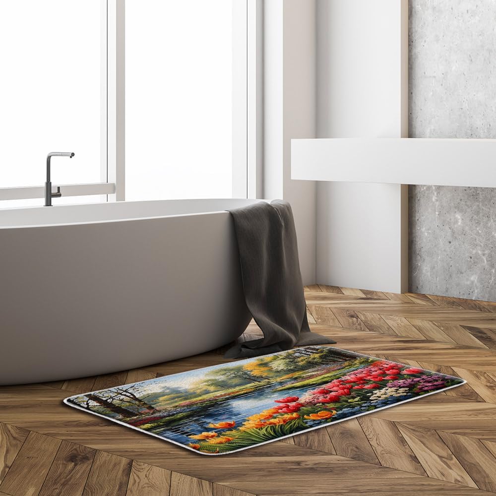 Nature Garden Bath Mat Rustic Farmhouse Colorful Flowers Tulip Floral Tree Forest Vintage Country Scenery Bathroom Doormat Toilet Floor Rug,19.7x31.5+24x36 Inches, Green Red Yellow