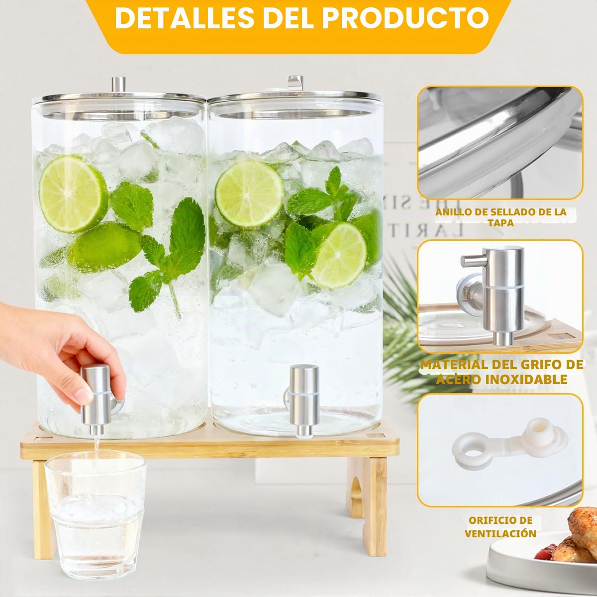 2 x dispensador de bebidas de 6L con soporte, dispensador de bebidas de cristal con grifo de acero inoxidable macizo para jugos helados, agua, bebidas caseras, fiestas, bodas
