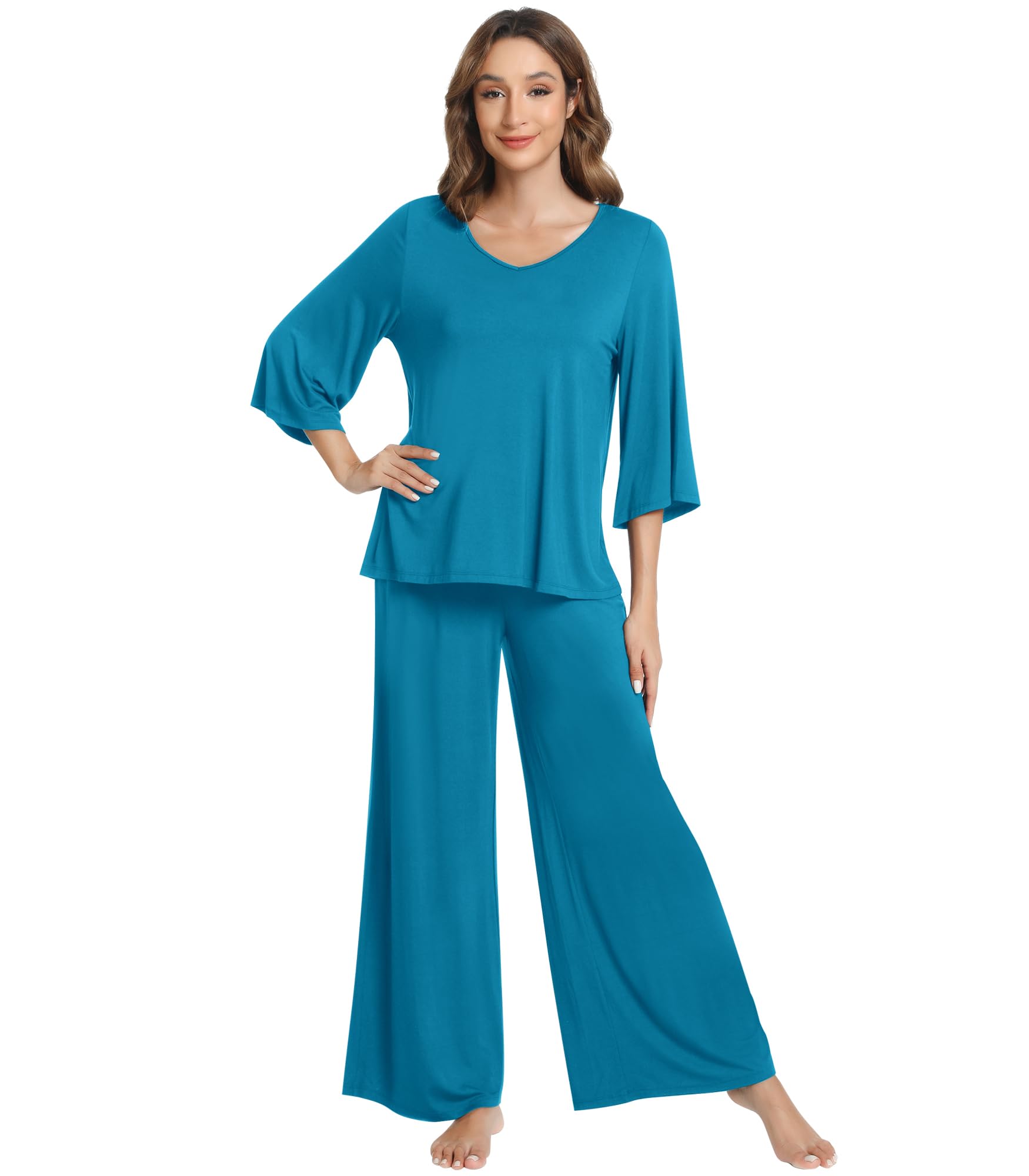 NACHILA Womens Pajamas Set 3 4 Sleeves Pjs V Neck Sleepwear Soft Loungewear with Wide Leg Pants Viscose