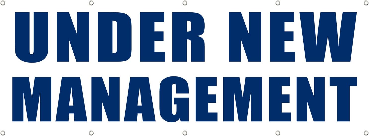 UNDER NEW MANAGEMENT Banner Signs Indoor Outdoor 10oz Vinyl Banners Sign Retail Store Business Signage Multiple Designs (White, Blue, 36x96 inches (3x8 Feet))