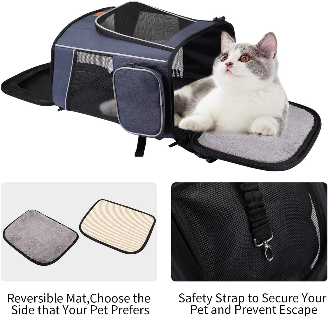 morpilot Mochila Transportín Perro, Mochila Transportín Gato Bien Ventilado con Correa de Seguridad Interior, Bolsa de Transporte para Para Gatos y Perros Pequeños Azul (32 x28 x42cm) + Tazón Plegable