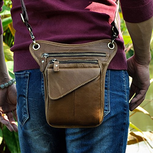 Le'aokuu Mens Genuine Leather Messenger Hiking Waist Hip Bum Pack Drop Leg Bag 211-3 #TOP5