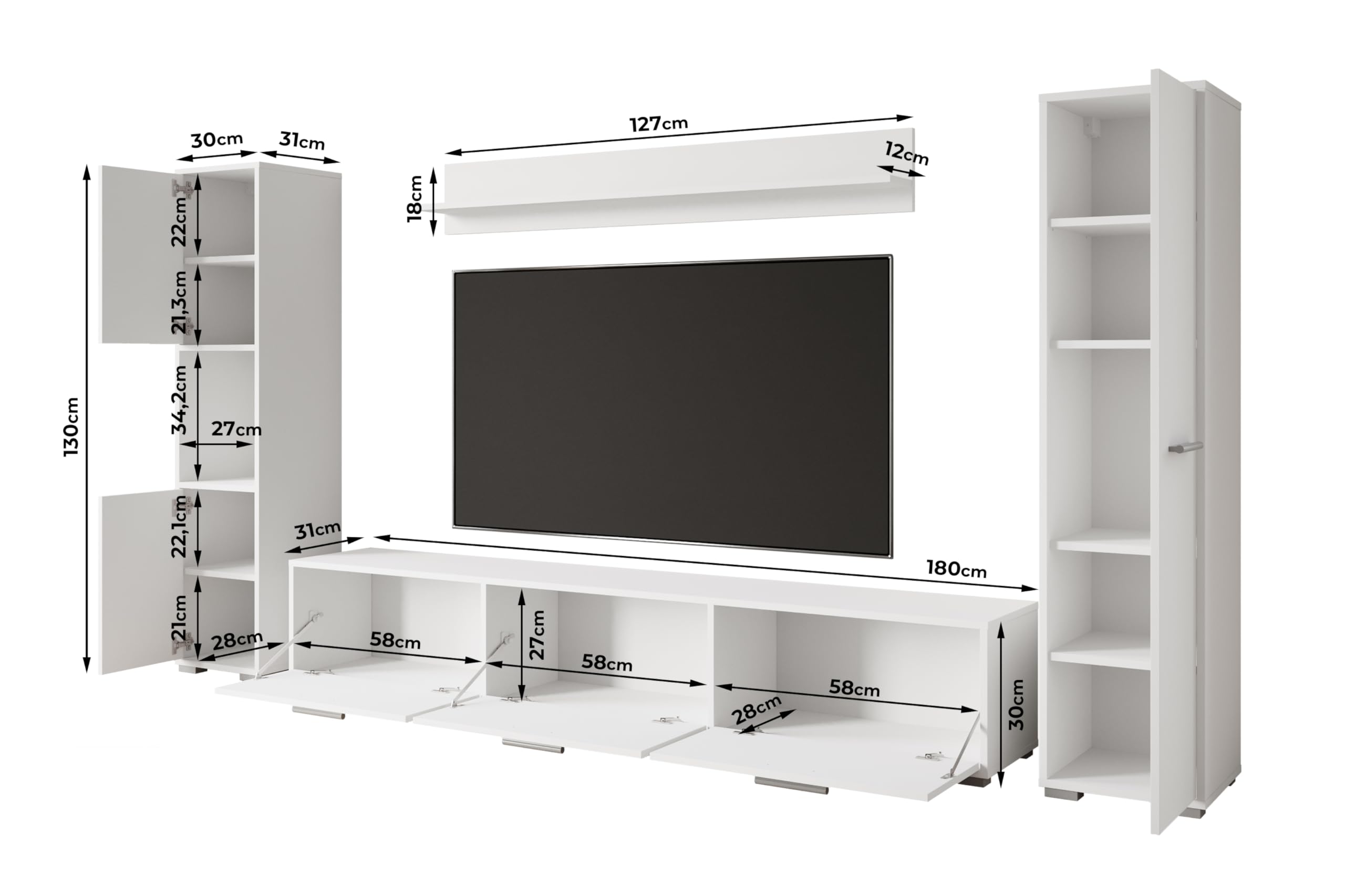 MINIO go for it - Wohnwand Wohnzimmer 4-teilig Toga, Wohnzimmer Möbel Set, 1x TV Lowboard, 2X Hochschrank, 1x Wandboard, Wohnzimmermöbel Komplett, Wohnzimmer Set - Farbe Schwarz Graphit Matte