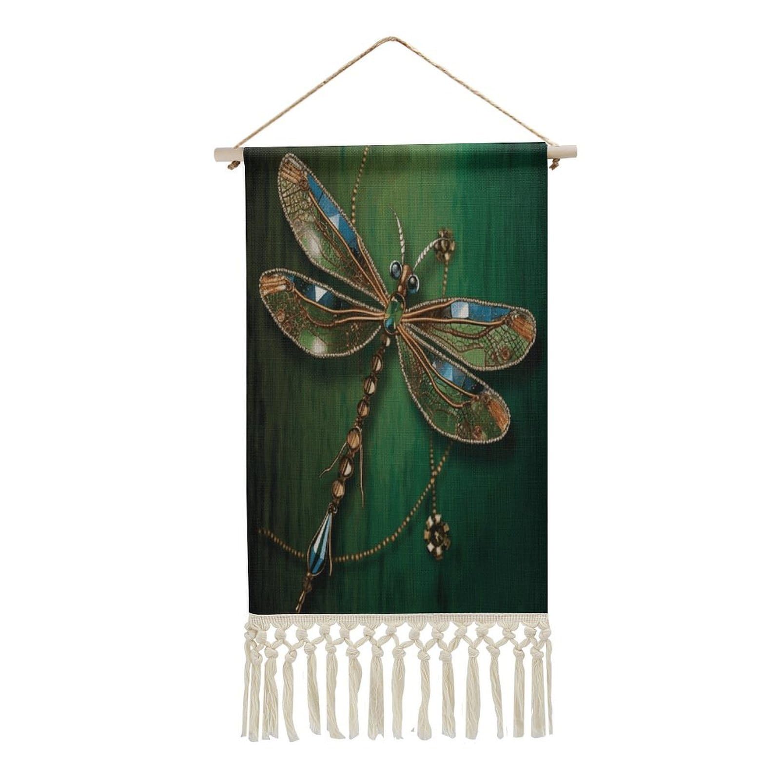 VstaDank Jewel Dragonfly Wall Art Decor with Tassels 20"x10" Cotton Linen Hanging Tapestry Decor Wall Art Prints Wood Frame Boho Wall Art Poster for Bedroom Living Room Office