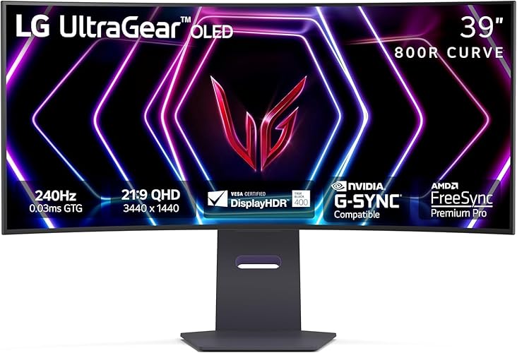 LG 39GS95QE Ultragear OLED Curved Gaming Monitor 39-Inch WQHD 800R 240Hz 0.03ms DisplayHDR True Black 400 AMD FreeSync Premium Pro NVIDIA G-Sync HDMI 2.1 DisplayPort Tilt/Height/Swivel Stand - Black - 39 - 39GS95QE-B