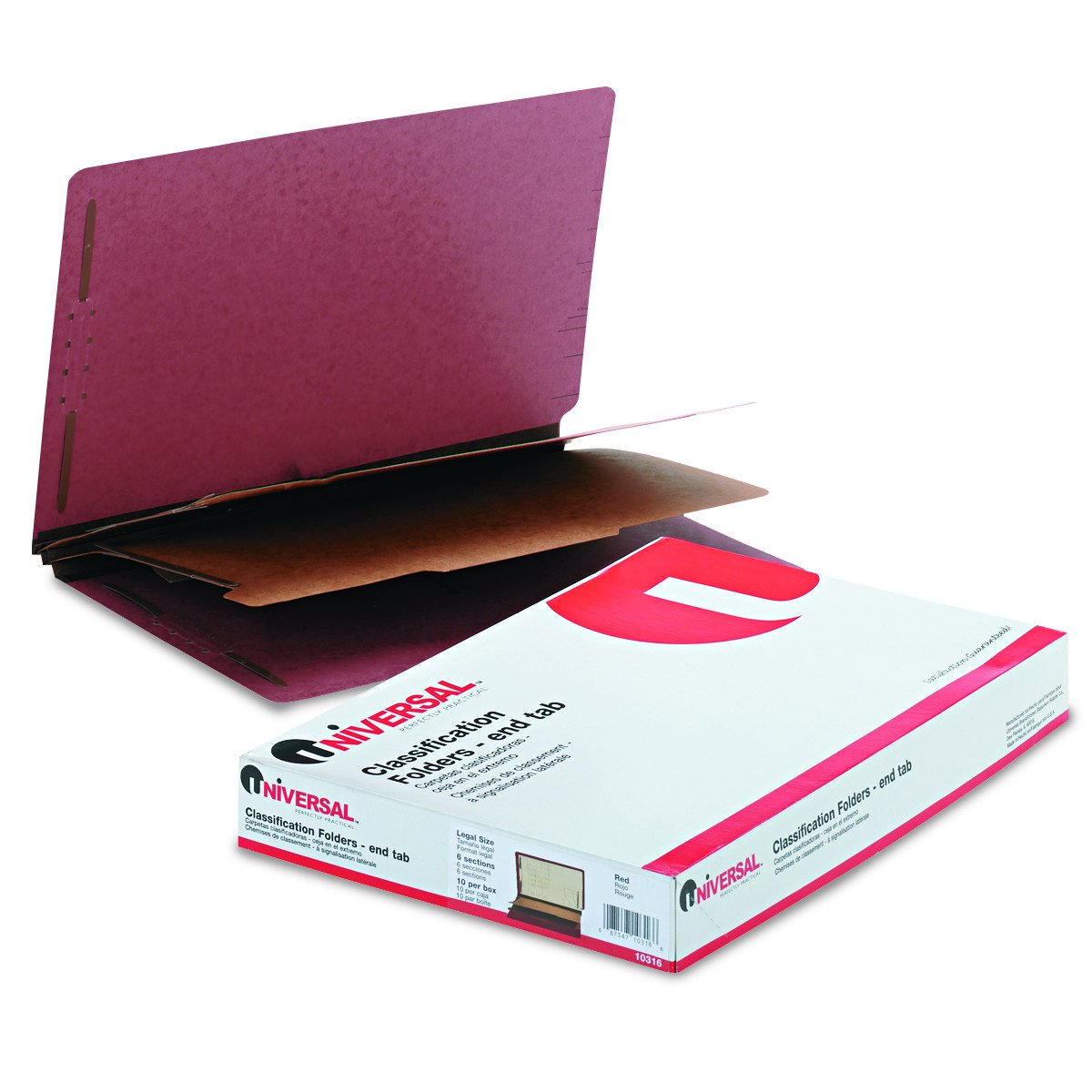 Red Pressboard End Tab Classification Folders, 2" Expansion, 2 Dividers, 6 Fasteners, Legal Size, Red Exterior, 10/Box