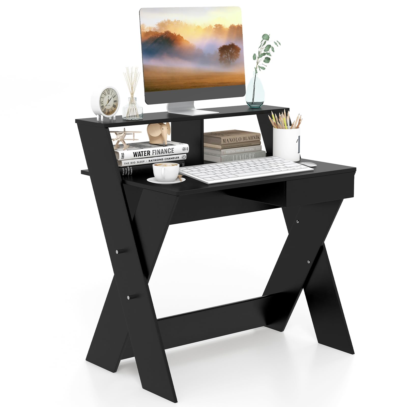 Scrivania per Computer in Legno con cassetti, Scrivania per Ufficio con Supporto per Monitor, Scrivania Moderna, Poggiapiedi e Gambe a Forma di X, per Casa e Ufficio, 90 X 61 X 94 cm (Nero)