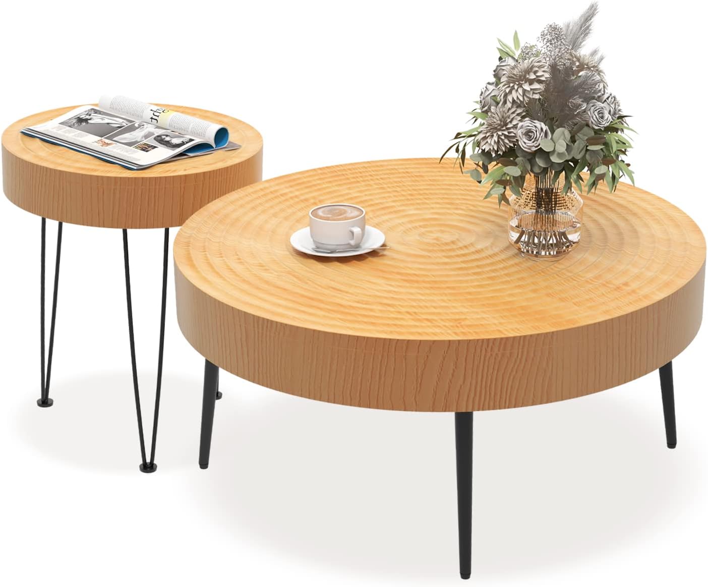 Giantex Boho Round Coffee Table Set of 2 Sofa Side