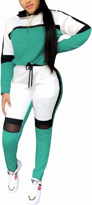 ThusFar Women's Casual Sweatsuit Two Piece Outfits Hooded Tops Pants Sets | Sport 2 Piece Outfits for Women Patchwork Net Drawstring Color Block Slim Fit Jogger Tracksuit with Pockets Matching Sets