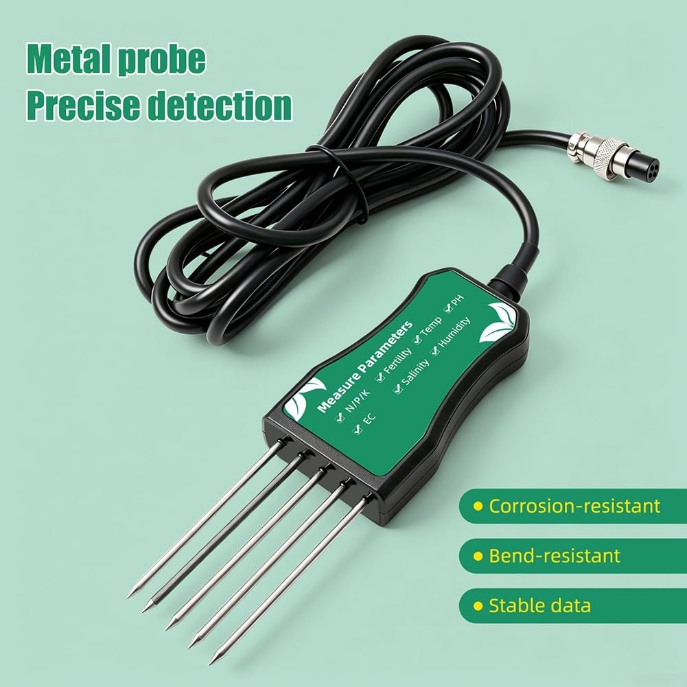 9-in-1 Digitaler Bodentester mit NPK-Sensor, pH-Messgerät für Feuchtigkeit/Temperatur/Leitfähigkeit, wiederaufladbar mit 2m Kabel und LCD-Display für Gartenbau