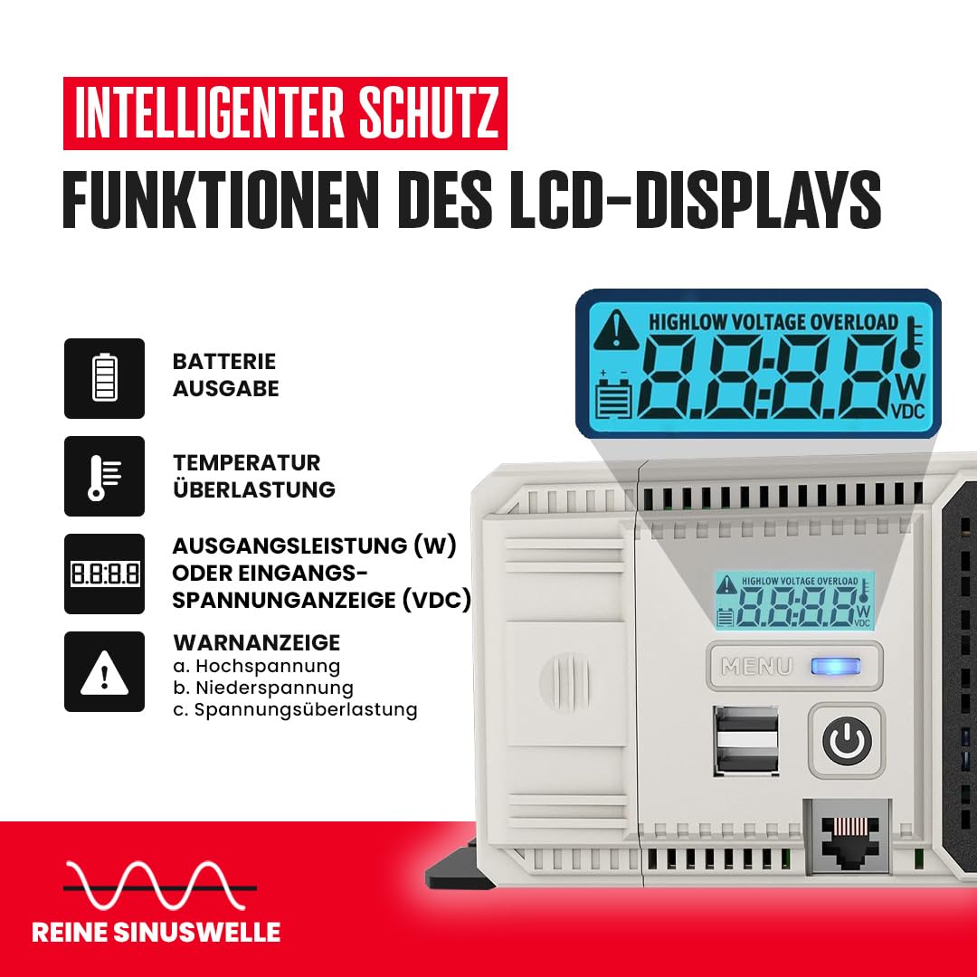 Energizer Inverter da 1100 Watt da 12V a 220V-240V Inverter per auto a onda sinusoidale pura con due prese CA da 220 Volt - 240 Volt, 2 porte USB e cavi batteria