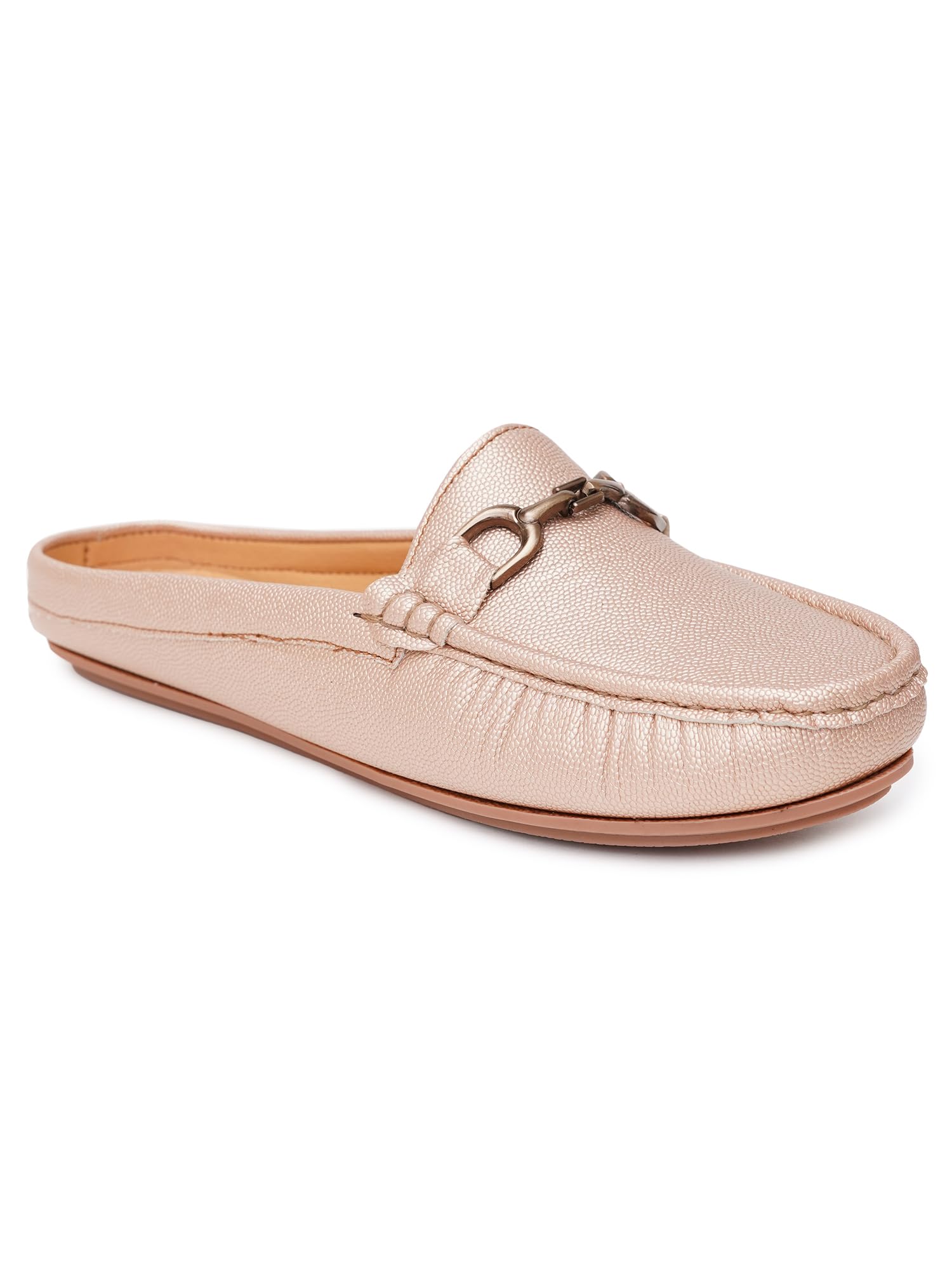 Women's Backless Loafers with Metal Horsebit Detail | Stylish Slip-On Mules with Textured Finish for Casual & Office Wear-image-36
