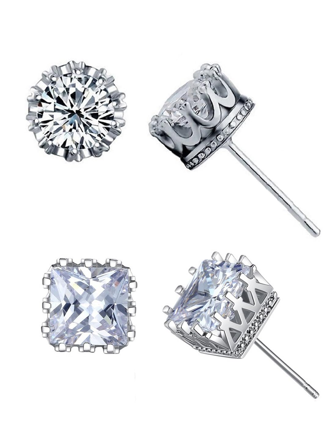 fabula Jewellery Combo of 2 Silver Tone Small Square & Round Cubic Zirconia Stud Earrings For Men & Boys (EHY5-ESN32_Z3)-picture-21