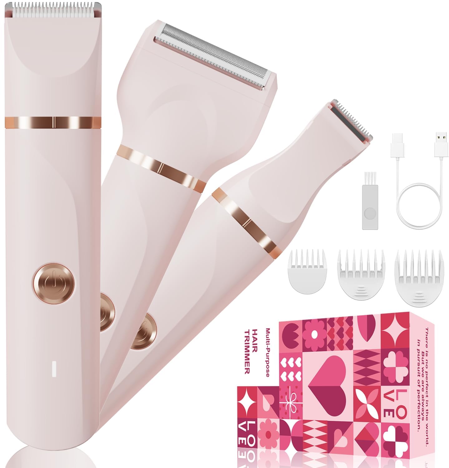 Intimrasierer für Frauen, 3 In 1 Damenrasierer Elektrisch, Rasierer Damen, Wiederaufladbarer Trimmer Damen für Bikinizone Achseln Beine, Ipx7 Wasserdicht für nass und trocken, Rosa