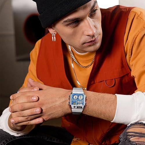 Miniatura 7 de MASTOP Reloj digital analógico cuadrado retro con pantalla de temperatura 3 zonas horarias retroiluminación luminosa 164.0 ft alarma impermeable