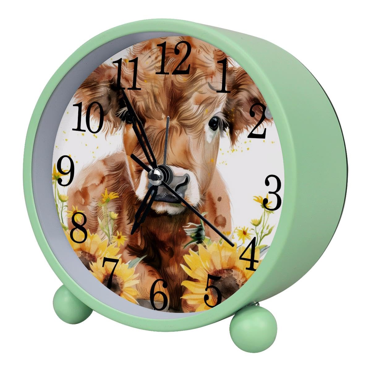 Alarm Clock Watercolor Cow Sunflower, Silent Non-Ticking with Night Light