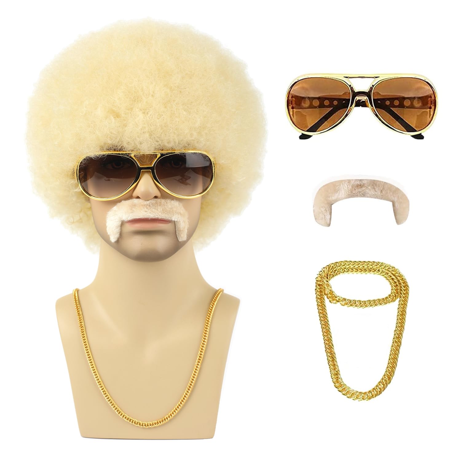 TUOFLY Blonde afro wig for men With Glasses Necklace Mustache and Wig Cap Natural Fluffy 70s 80s afro Disco Wig Curly Synthetic hair Wig for Halloween
