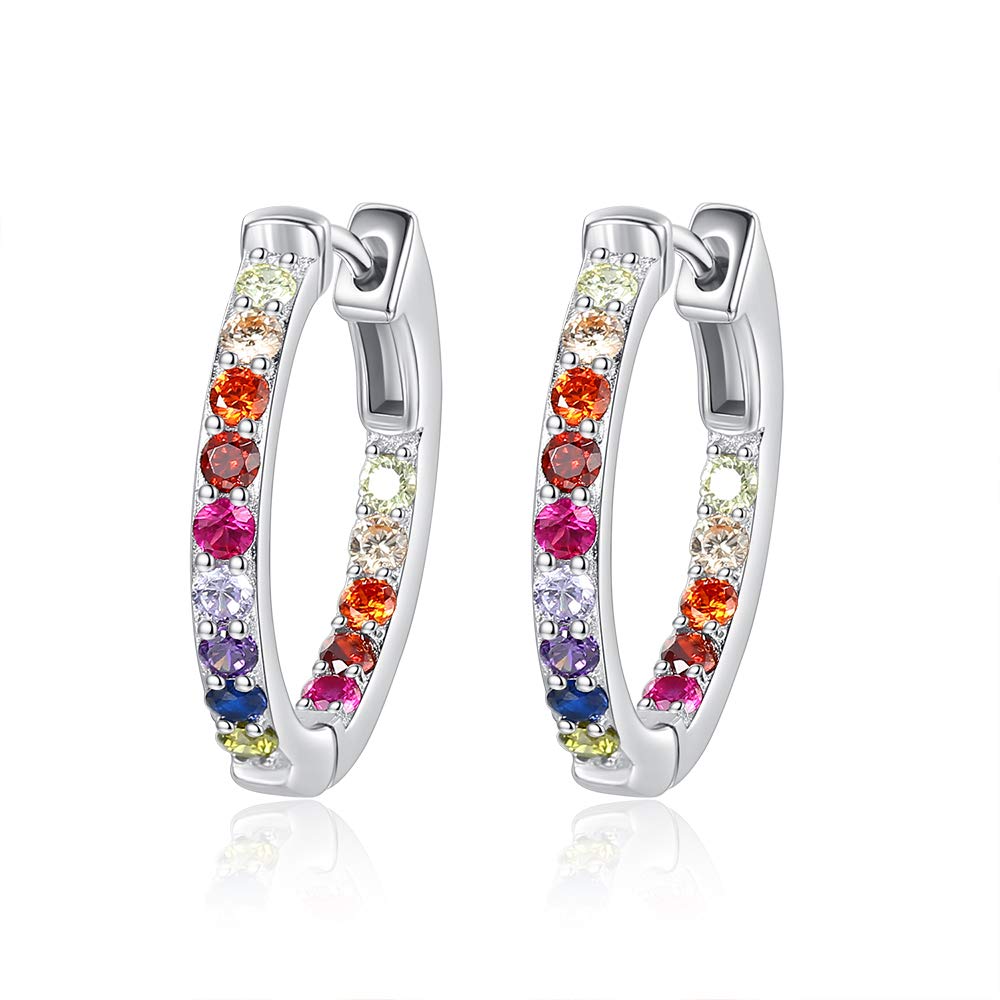 TONGZHEPendientes de aro pequeños de plata de ley 925 con piedra natal colorida y circonita cúbica para mujeres y niñas, Piedra, Circonia cúbica